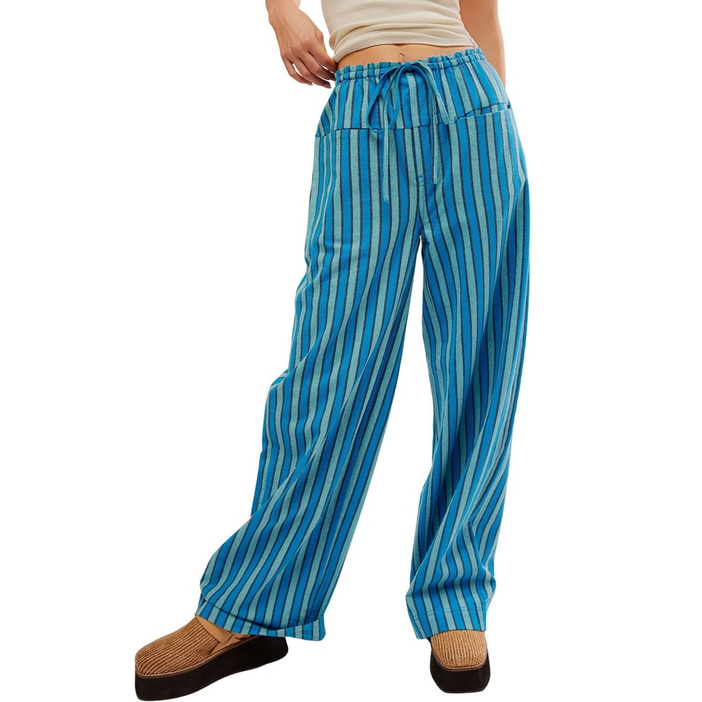 Free People Hudson Canyon Stripe Wide Leg Drawstring Pants Blue Combo Large